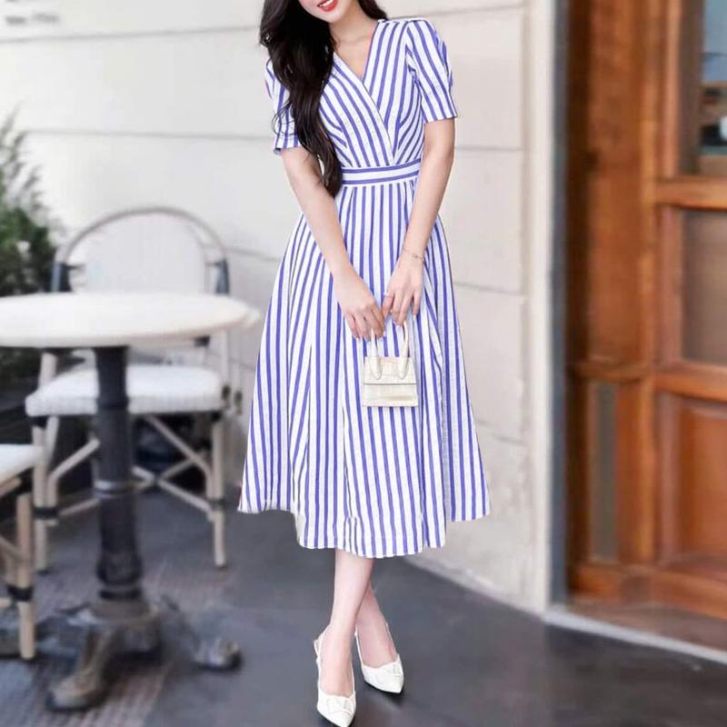 ZANZEA Women Casual V-Neck Loose Short Sleeve Stripe Dress