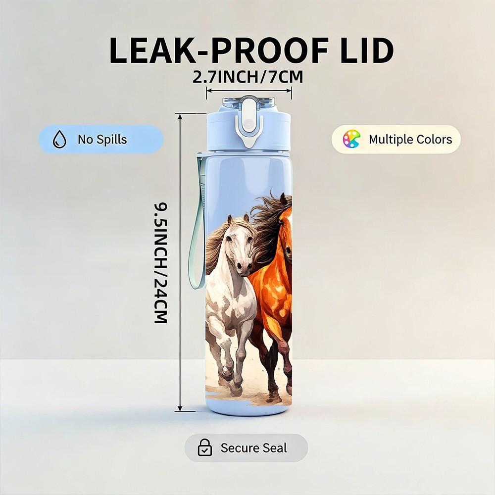 1PC Running Horse Herd Western Animal Print 750ml Color Plastic Sports Water Bottle Leakproof Flip Straw Lid Suitable for Sports Office Home Use