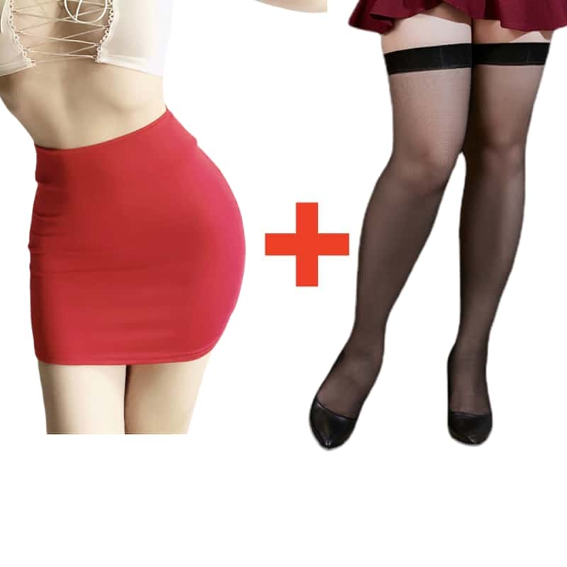 2PCS/SET Women High Waist Pencil Mini Skirts+Stockings Dress Set,Sexy Casual Wrap Hips Black Short Skirt and Pantyhose