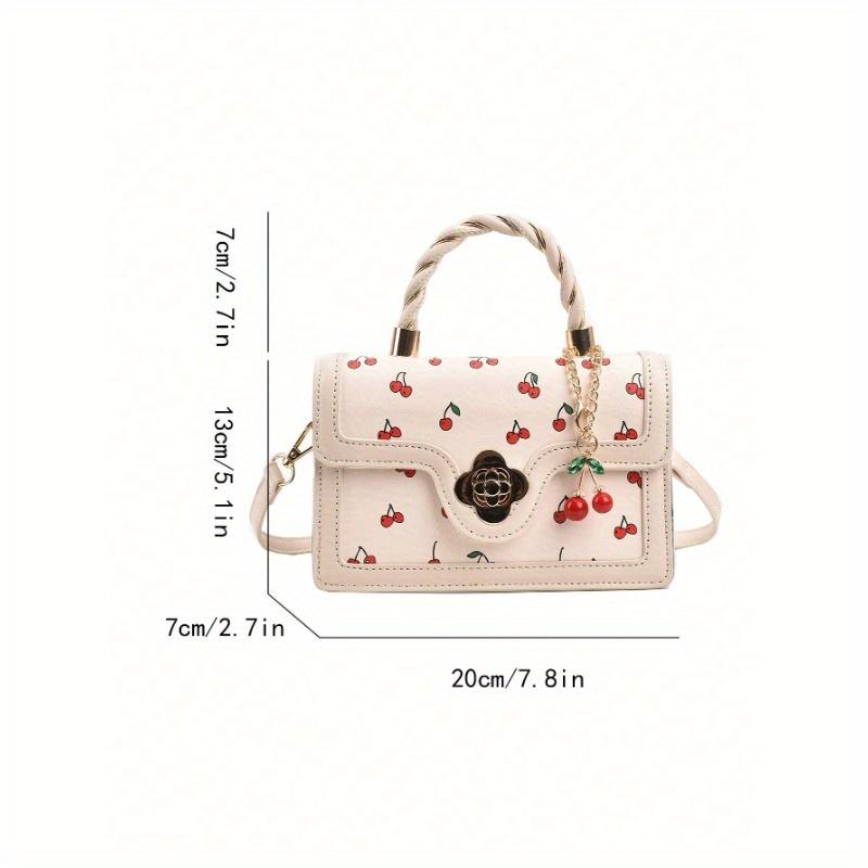 Fashionable High-Class Lady Square PU Handbag, Cute Cherry Printed Shoulder Bag for Shopping, Dating, and Crossbody, Kawaii Cherry Elements Valentines