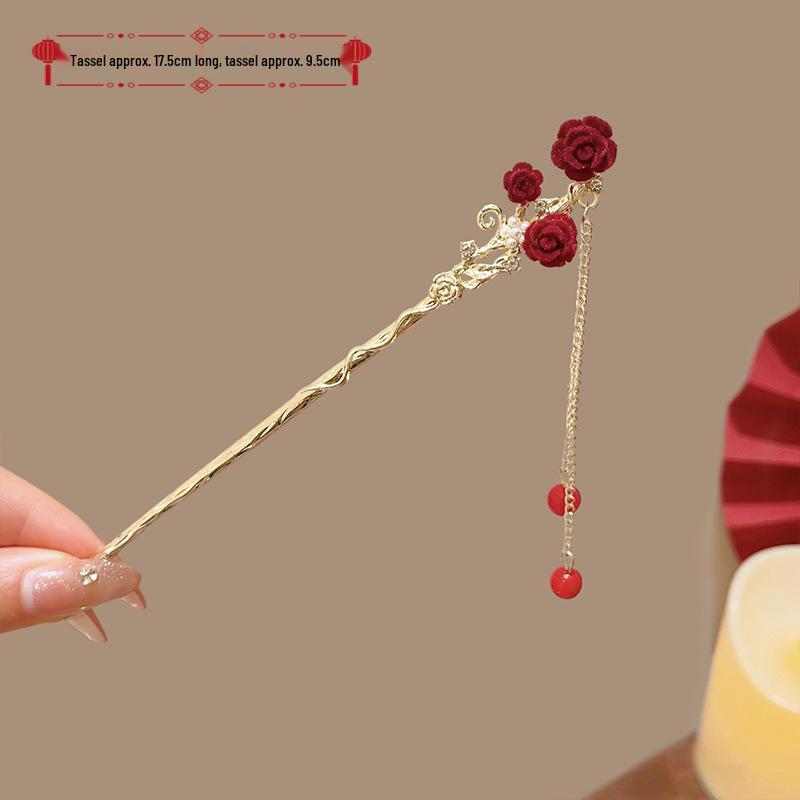 Elegant Red Rose Tassel Hairpin - U-shaped Hair Accessory for Women, Perfect for Updos and Traditional Attire.