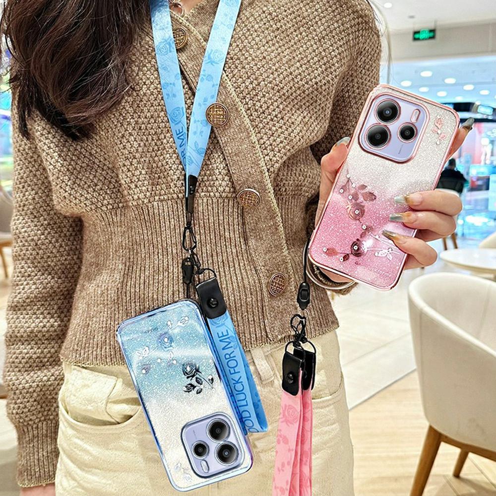 For Xiaomi Redmi Note 14 4G (163.25mm) Case Flower Pattern TPU Gradient Phone Cover with Lanyards