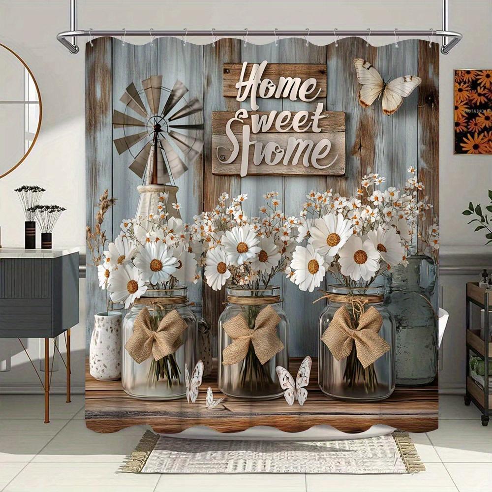 Rustic Floral Shower Curtain - Butterflies & Mason Jars with "Home Sweet Home" Design, Polyester Bathroom Decor