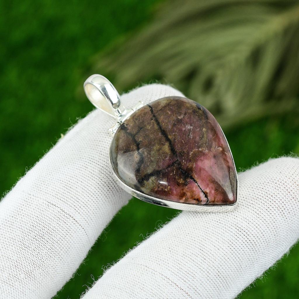 Natural Rhodonite Gemstone Pendant Handmade 925 Sterling Silver Indian Jewelry
