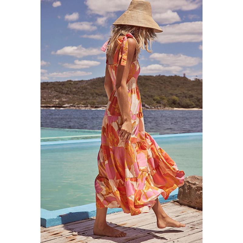 Vestido longo com estampa floral para mulheres, decote quadrado, cintura alta, sem mangas, vestido longo de verão, férias, praia, vestido respirável, fino, macio e confortável