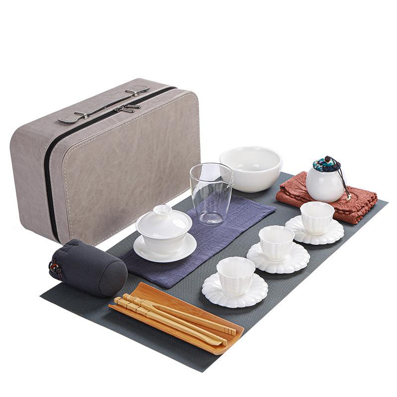 Tea Artist Tea Art Teaching Tea Set Travel Kung Fu Tea Set Suet Jade White Porcelain Cover Bowl Teacup Gift