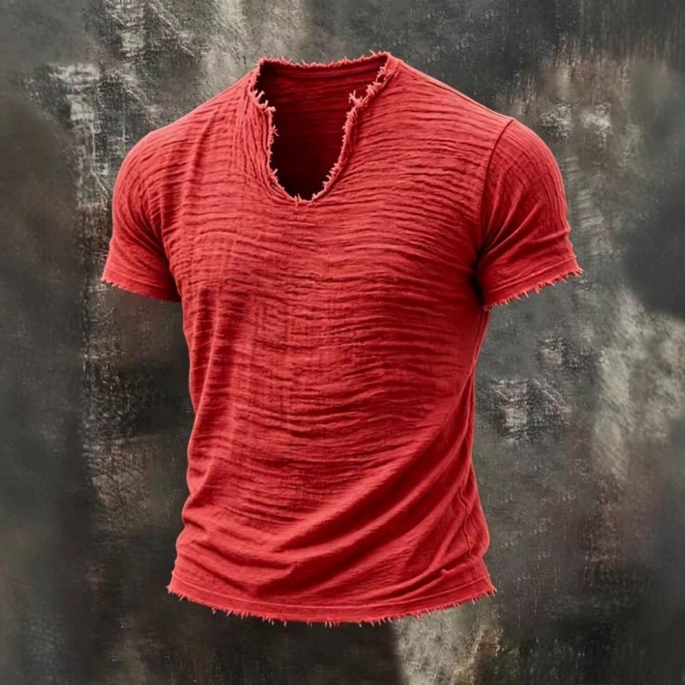 2026 Solid-color Men's Retro Cotton-Linen Mustache Edge Special V-Neck Short-Sleeve T-Shirt