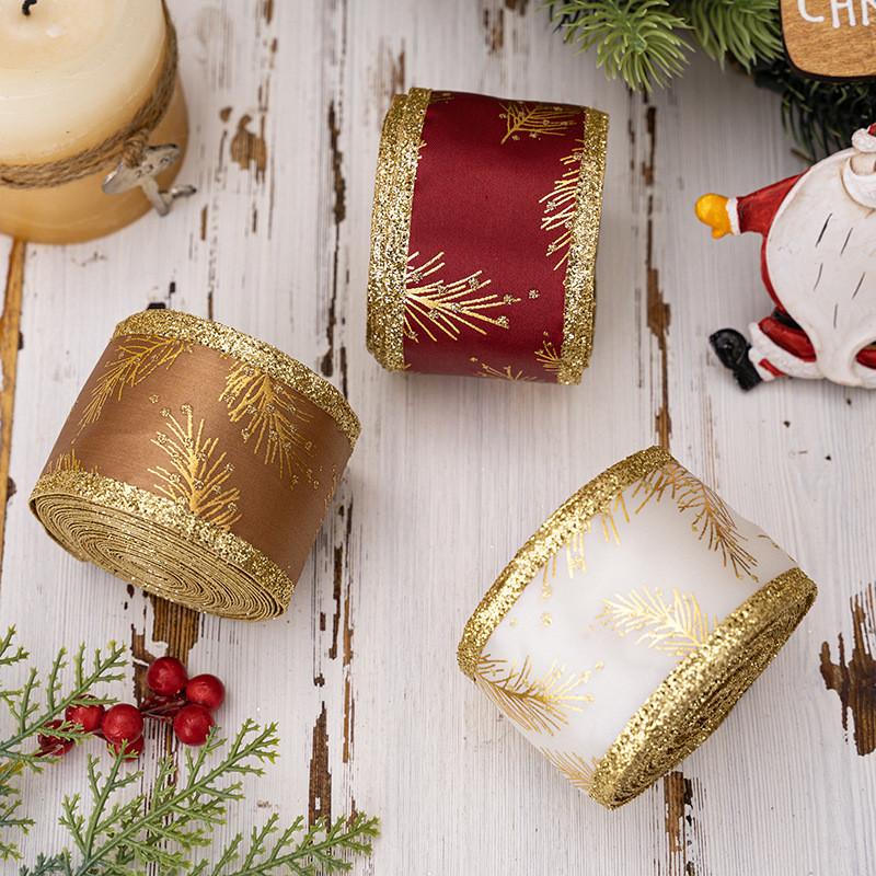 Opulent Christmas Satin Ribbons With Stunning Floral Motifs In Red Gold And White For Crafting
