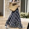 Qooth Plaid Ruffle Midi Skirt Coffee Brown Elastic Waist Polyester Skirt QT2879