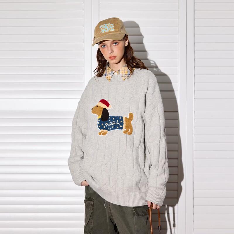 ICH MODE Damen Dackel Bestickter Lockerer Strickpullover