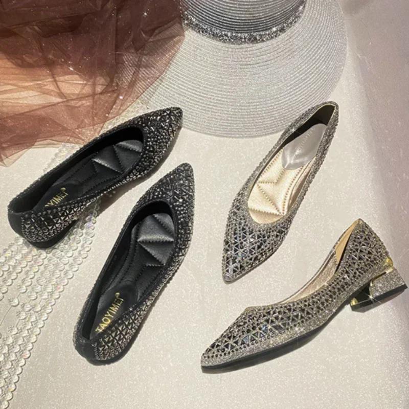 Fashion French Pointed Single Shoe Women 2024 Silver Shallow Mouth Rhinestone Flat Bottom Temperament Boat Shoes