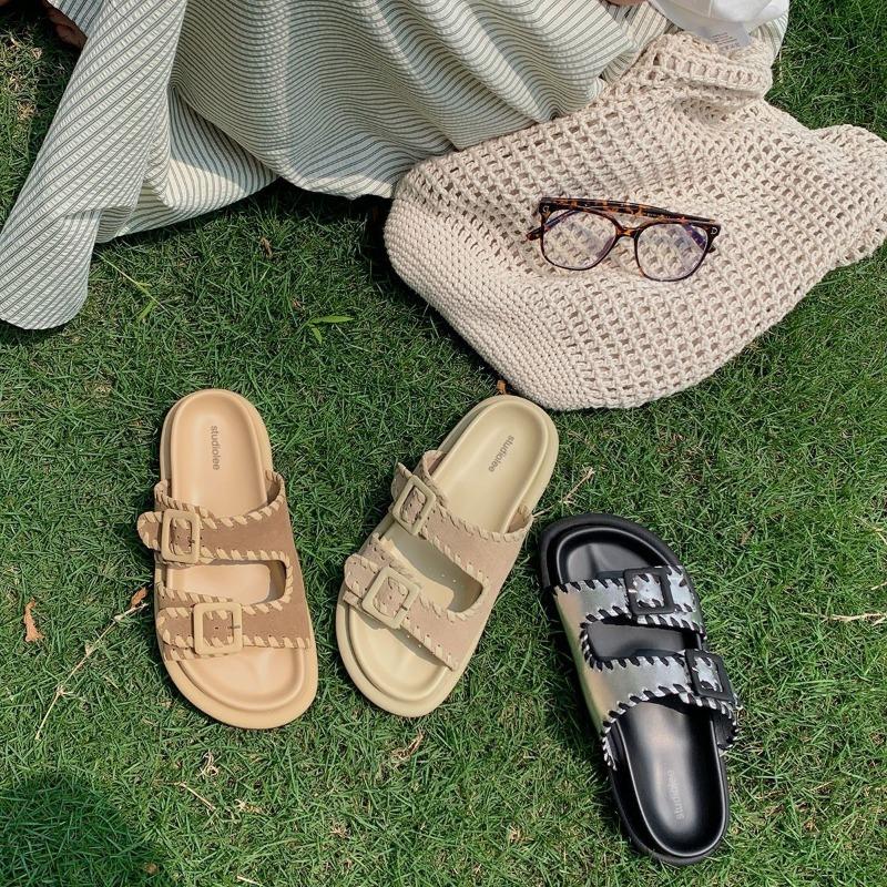 ~ Versatile One-pedal Open-toed Double-breasted Lazy Thick-soled Heightening Slippers Women