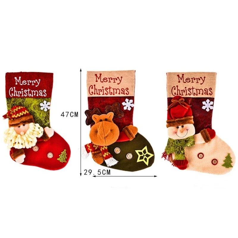 Christmas Decorative Socks Snowman Deer Santa Pattern Imitation Leather Gift Socks Xmas Decoration Large Capacity Candy Bags
