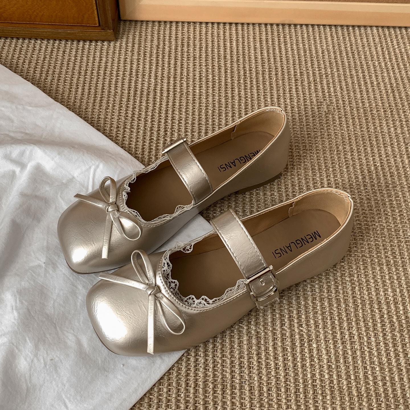 

Серебристые французские туфли с квадратным носком, скрытой платформой, неглубоким вырезом, на плоской подошве, женские, лето 2025, новые, балетки Mary Jane на мягкой подошве 35 шампанского