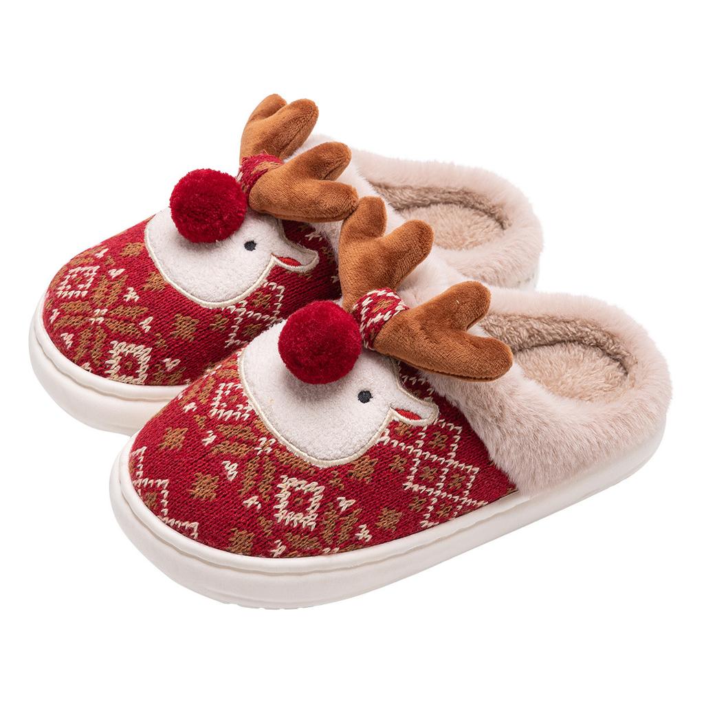 Cute Christmas Elk Cotton Slippers Winter Home Warm Soft Bottom Non-slip Couple Plush Cotton Mop