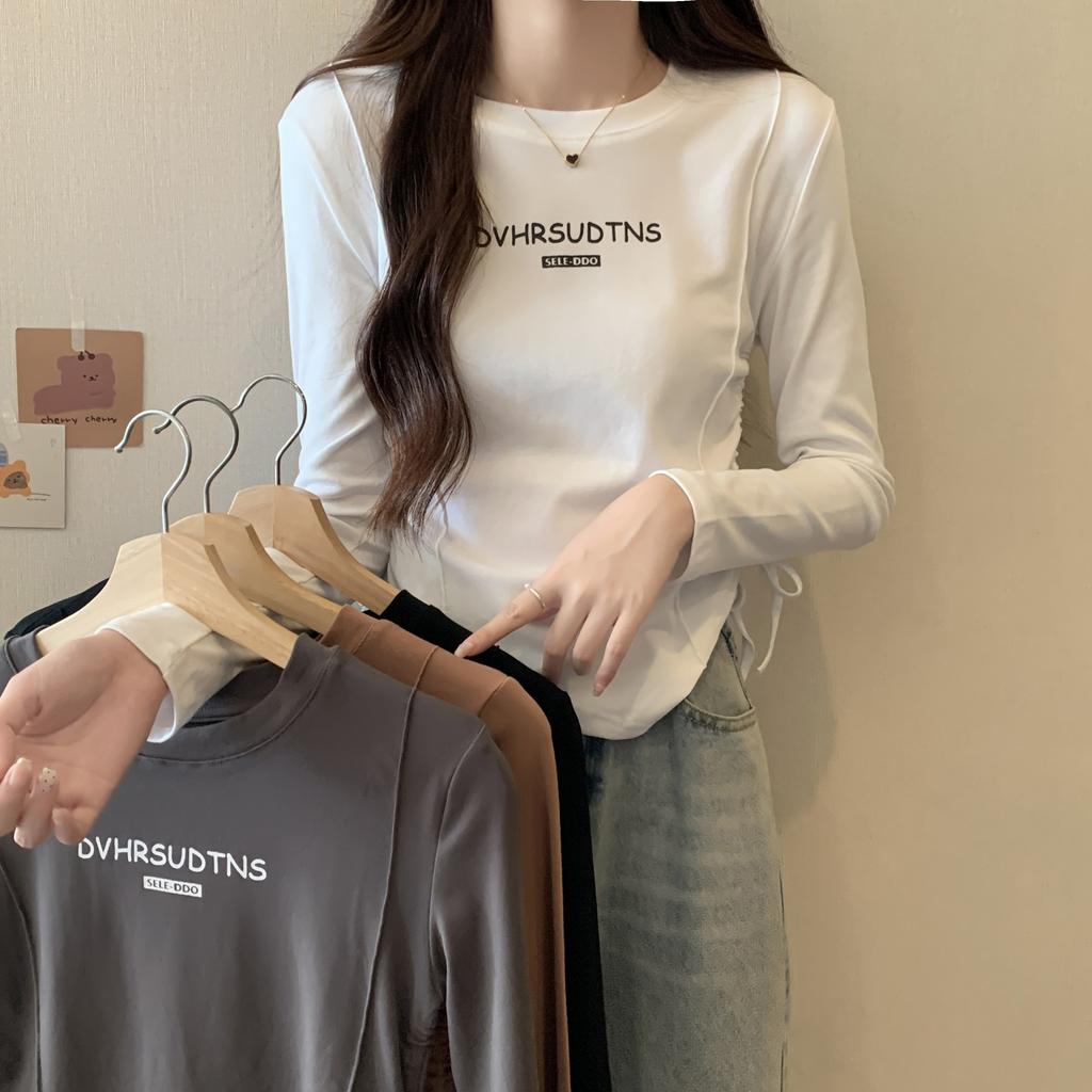 Spring Short Drawstring Top for Women's New Round Neck Inner Bottoming Shirt Fashionable Slim and Long Sleeves