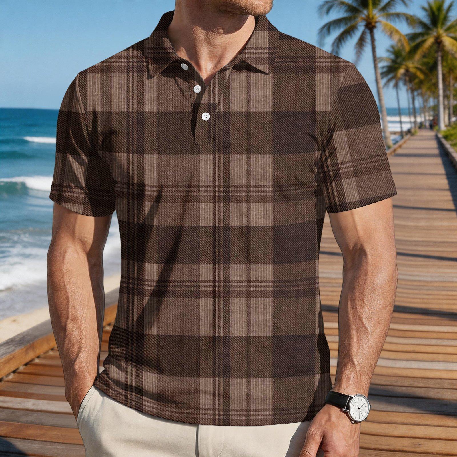 

Mens Loose Fit Casual Plaid Print Short Sleeve Polo Shirt Classic Turn Down Collar Soft Lightweight Top XL кофейный