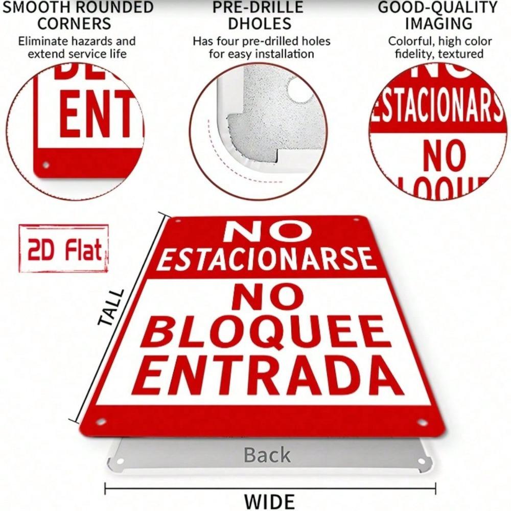 2D Flat Spanish/English No Parking Sign, Do Not Block Entrance, Heavy Duty Metal 7.87x11.81 In
