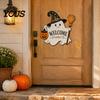 Wooden Welcome Sign Halloween Ghost for Front Door, Rustic Cartoon Hanging Entryway Wall Plaque with Pumpkin Wizard Hat And Broom Holiday Party