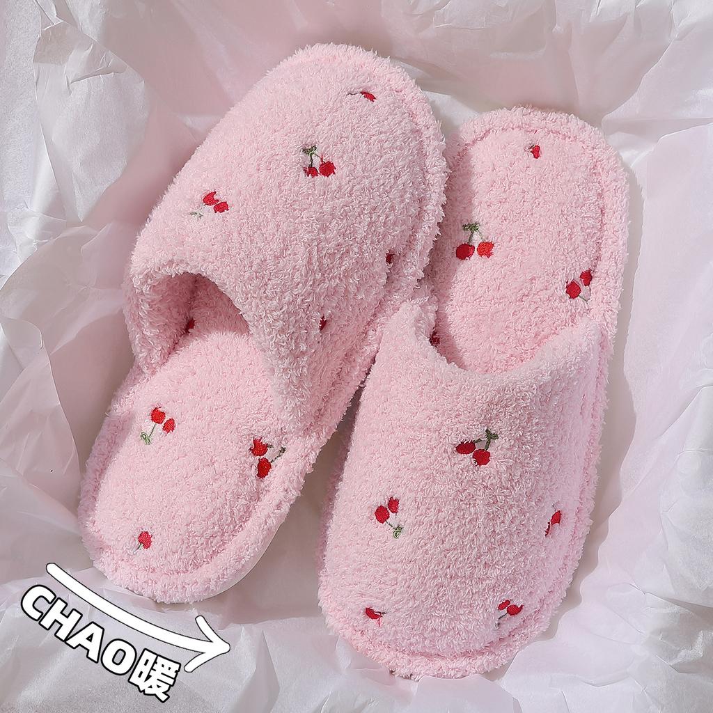 Baumwollhausschuhe für Zuhause Winter niedlich bestickte Kirsche Indoor Haushalt Plüsch warm Schlafzimmer flauschige Hausschuhe