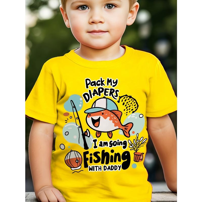 European Sizes WML Boys' Cartoon Fish Fishing Print Pattern Cute Casual T-shirt