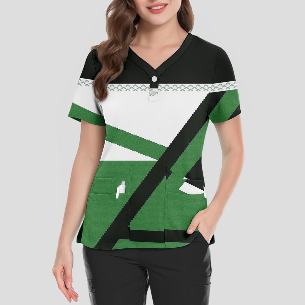 Women's Loose Short Sleeved Fashionable Polka Pots And Geometric Printing V-neck Buttonable Side Slit Top T-shirt