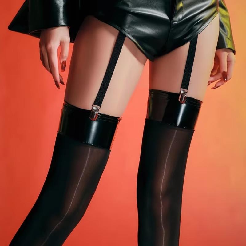 Red Black Pu Leather Rib Cut Edge Thigh High Stockings 8D Oil Shiny Stretching Nylon Medias Women Sexy Tights Cosplay Lingerie
