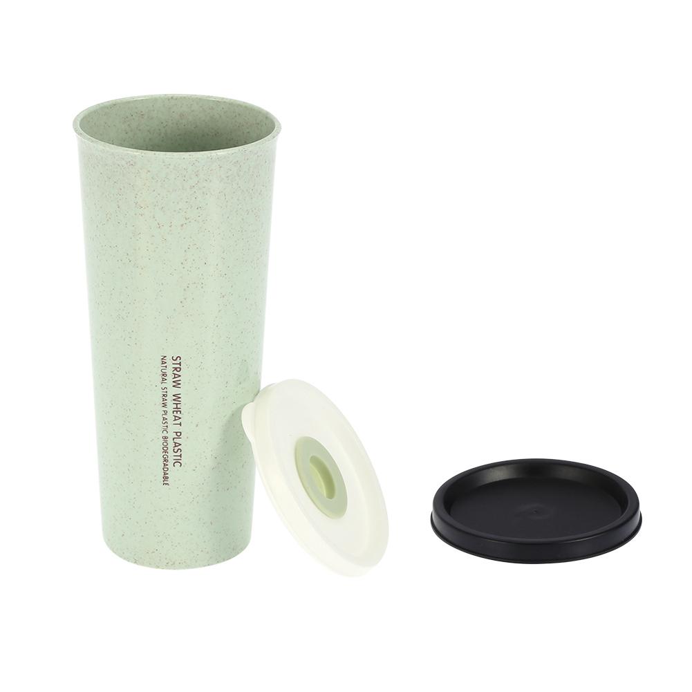 470 ml Wheat Straw Water Cup with Straw Multi Functional Double Lid   Coffee Mug Pink
