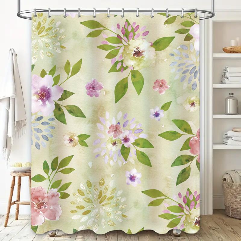Vintage Floral Shower Curtain Bathroom Decor Waterproof Fabric Print Decorative Bath Mat Liner for Home Decoration (Green/White)