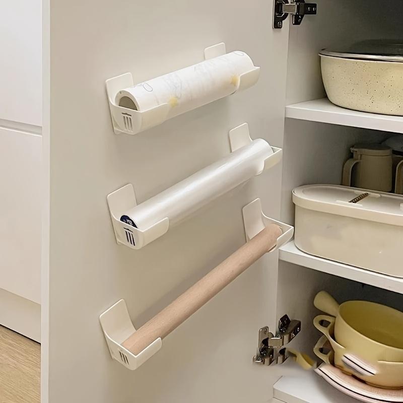 2pcs White Adjustable No-Drill Kitchen Storage Rack | Plastic Organizer Suitable for Cling Film, Trash Bags - Space-Saving Cabinet