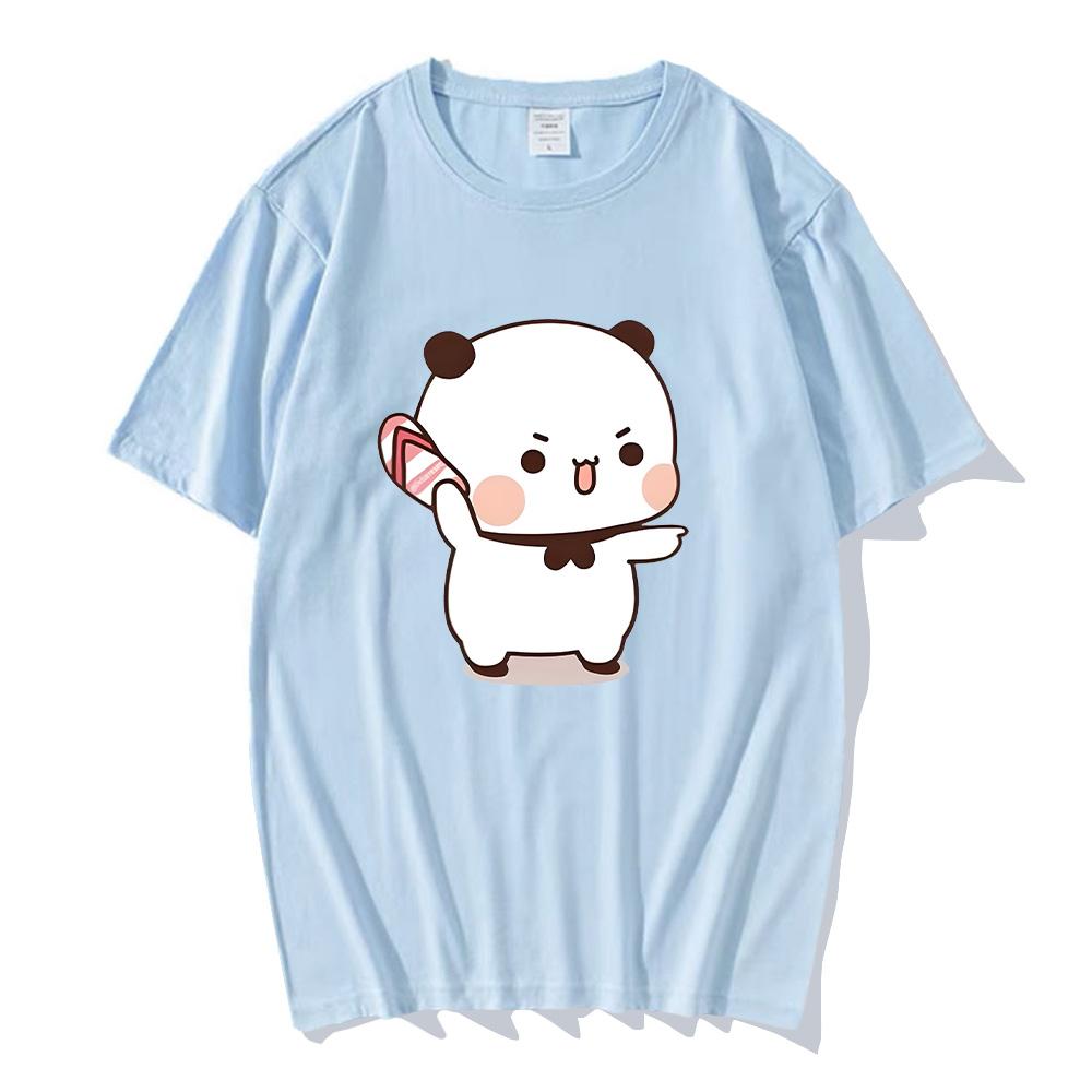 Couple Bubu Is Throwing Flip-flops At Dudu T-shirt Funny Valentines Day Clothes Cute Panda Bear Bubu Dudu Tops Y2k Cotton Tshirt