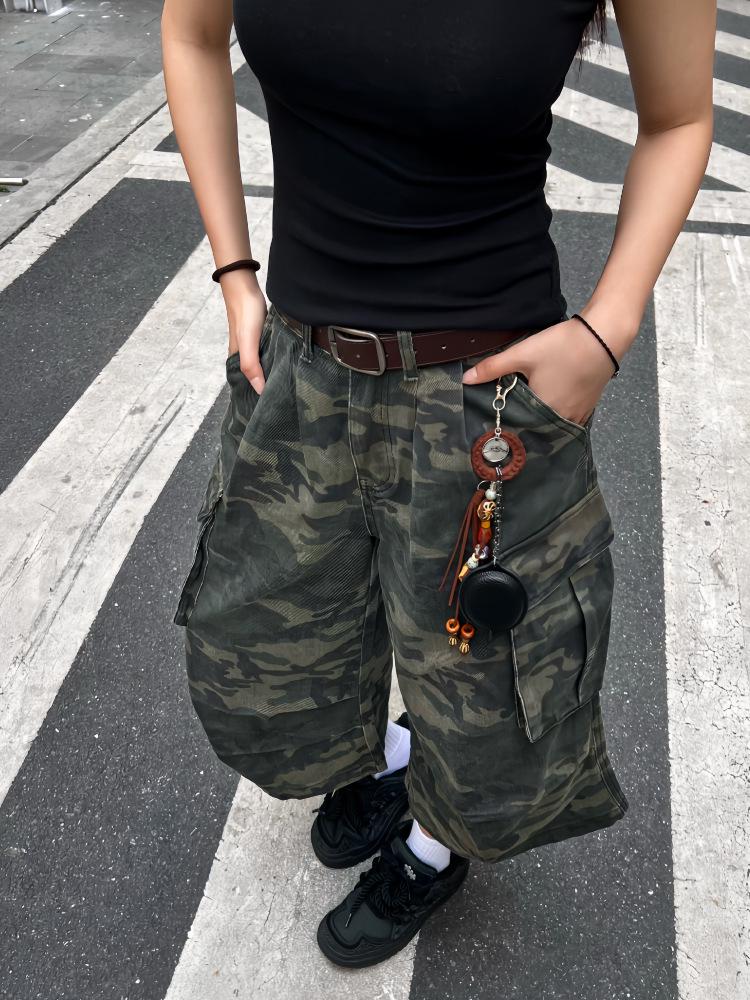 Unisex American Retro Camo Wide-Leg Mid-Length Jeans