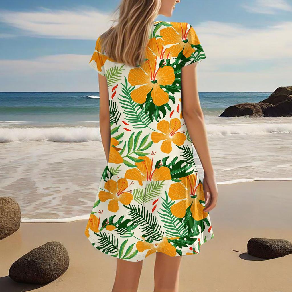 Women's Dresses Short Sleeve V-Neck Floral Printed Loose Casual Temperament Beach Dresses