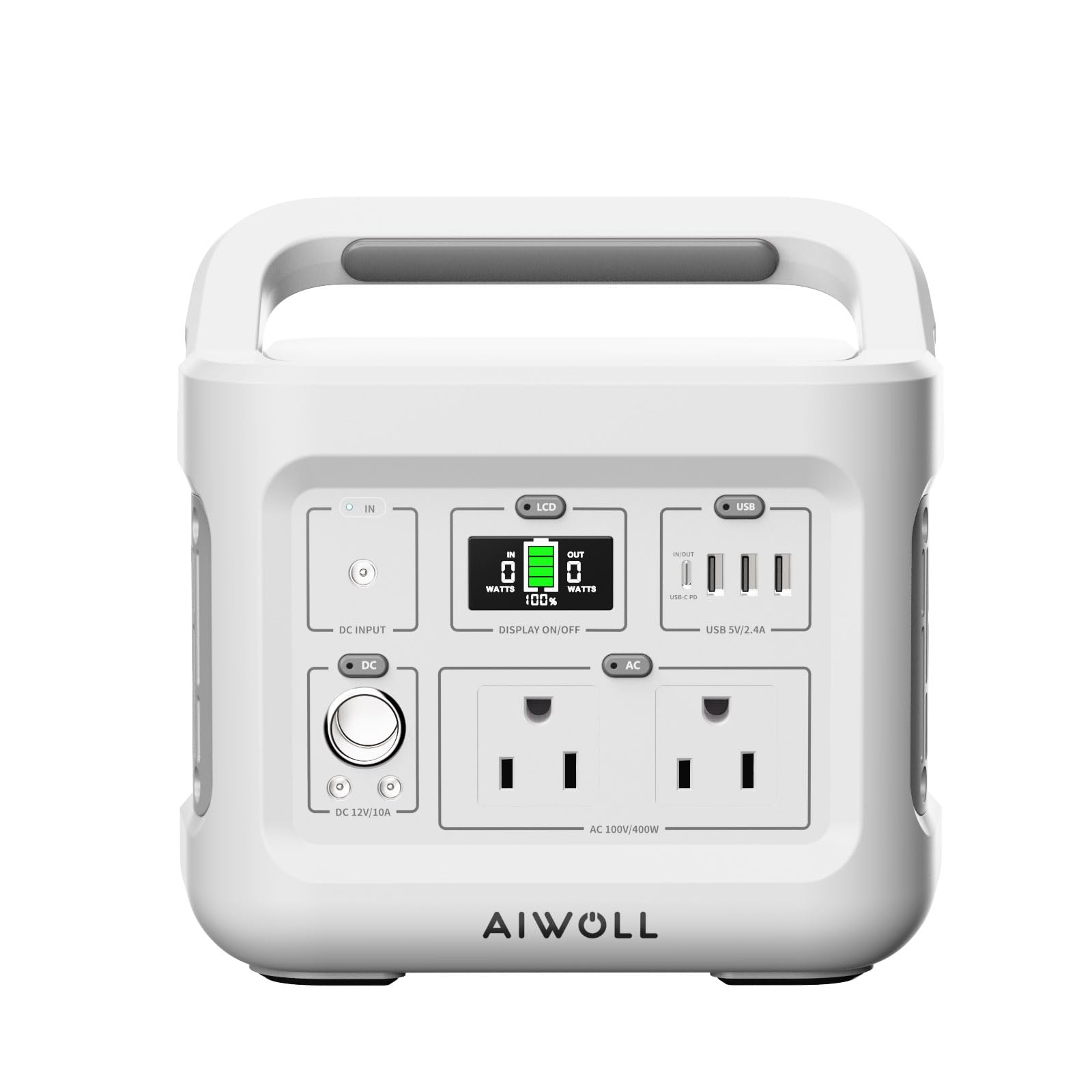 

AIWOLL Portable Power Iron 400W AC Output High Over High BMS Battery Fast PSE LED Pure Sine Wave MPPT Control Station, Phosphate, 355Wh/110938mAh,