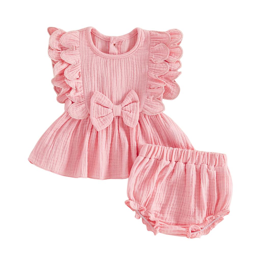 Toddler Girls Ruffle Sleeve Top and Shorts Set Cute Bow Vest with Matching Shorts for Summer Playdates and Outings