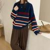 Autumn and winter contrasting striped round neck pullover sweater tops for women new lazy style loose and versatile sweater jacket