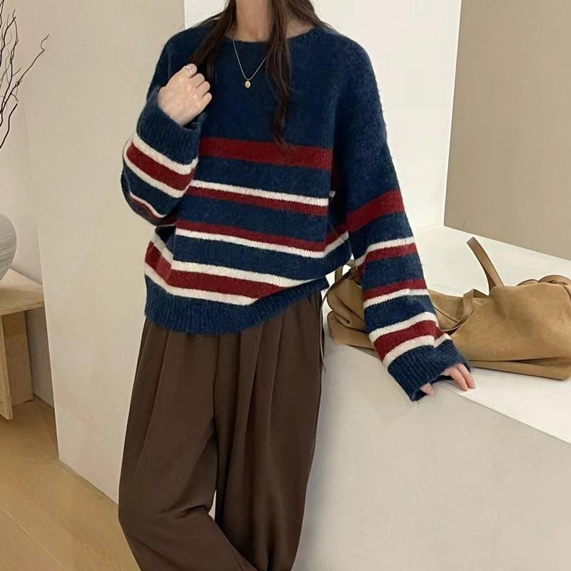 Autumn and winter contrasting striped round neck pullover sweater tops for women new lazy style loose and versatile sweater jacket