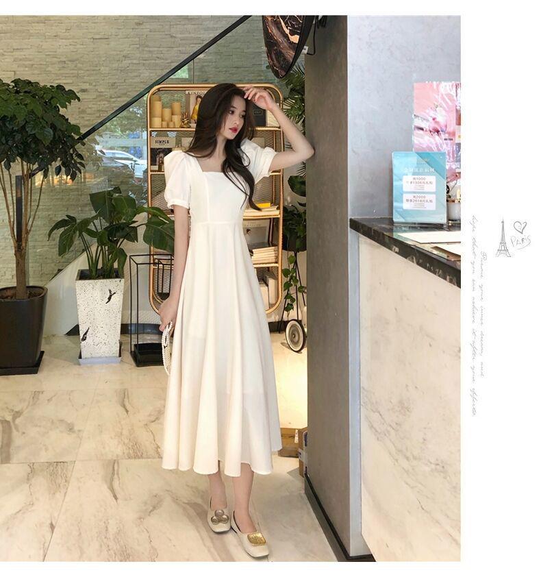 Hepburn Style Black Slimming Summer Dress for Women - Square Neck, Over-the-Knee