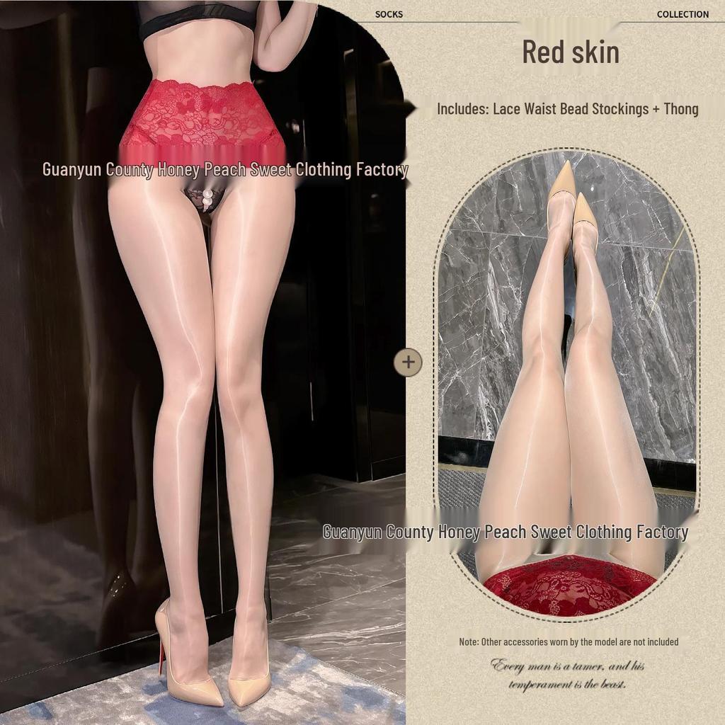 Shiny Black Pearl Lingerie Bodysuit with Lace Waist, See-Through Design, and Open Crotch.