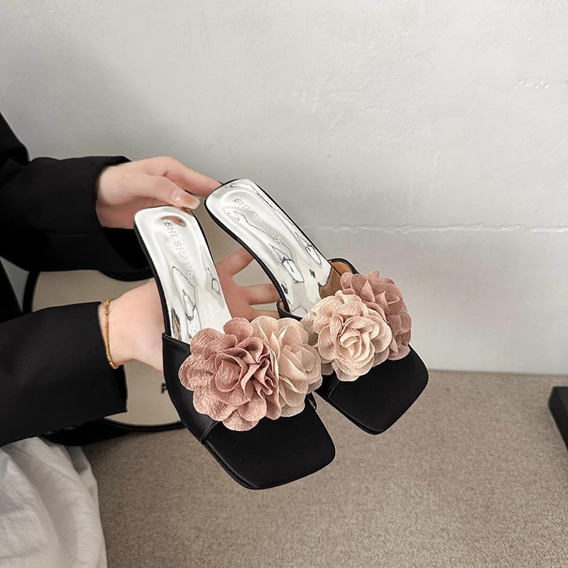 Korean Version of Flower High-heeled Slippers for Women 2025 Flowery French Low-heeled Stiletto One Pedal High-heeled Cool Slippers for Women