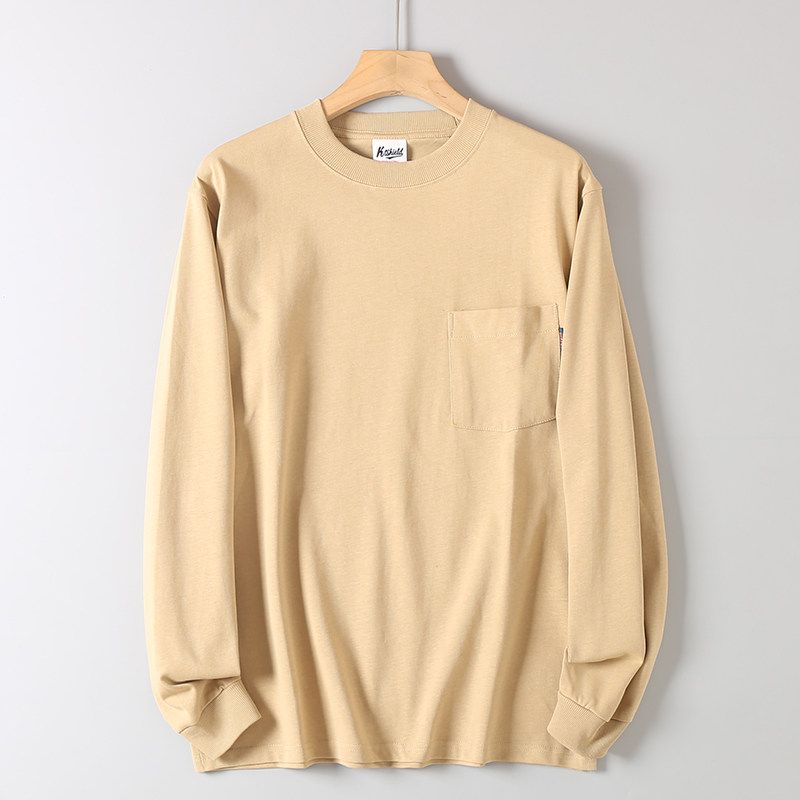 310g Heavyweight Vintage Pure Cotton Simple Pocket Design Solid Color Long-Sleeve T-Shirt for Men Casual Loose Round Neck Base Shirt