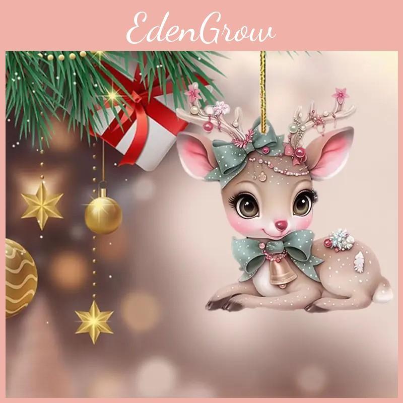 Christmas Acrylic Car Pendant With Butterfly Knot Bell Print Deer For Decor