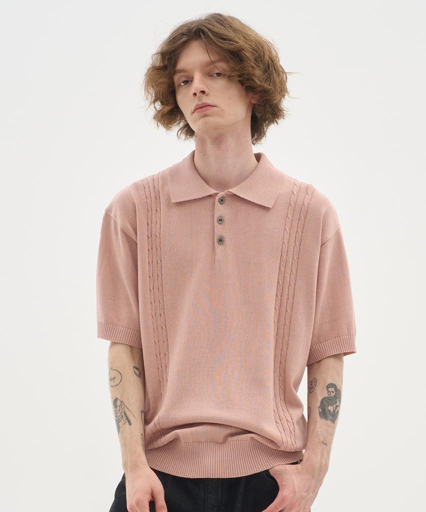 BLOND9 Soft Cable Collar Short Sleeve Knit_Pink