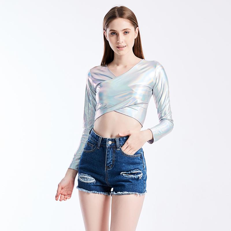 

Женские блестящие металлические топы с длинным рукавом, с перекрестным запахом и V-образным вырезом, футболка для танцевального клуба 2XL серебряный/разноцветный