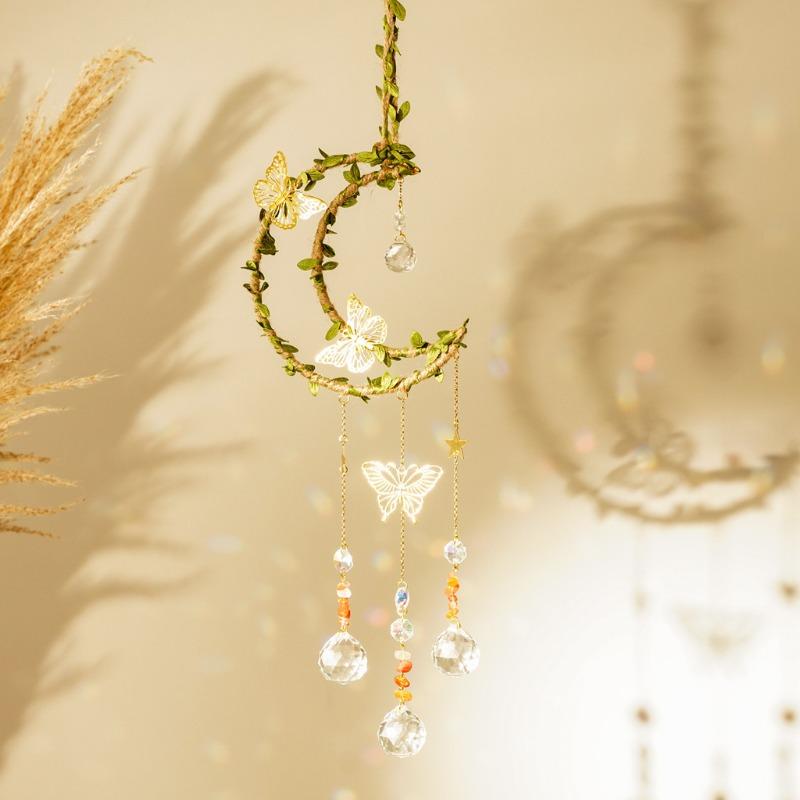 Handmade Crystal and Plastic Wind Chime Accessories Big Moon Design Leaf Decor Hemp Rope Tied for Garden Decoration Crystal