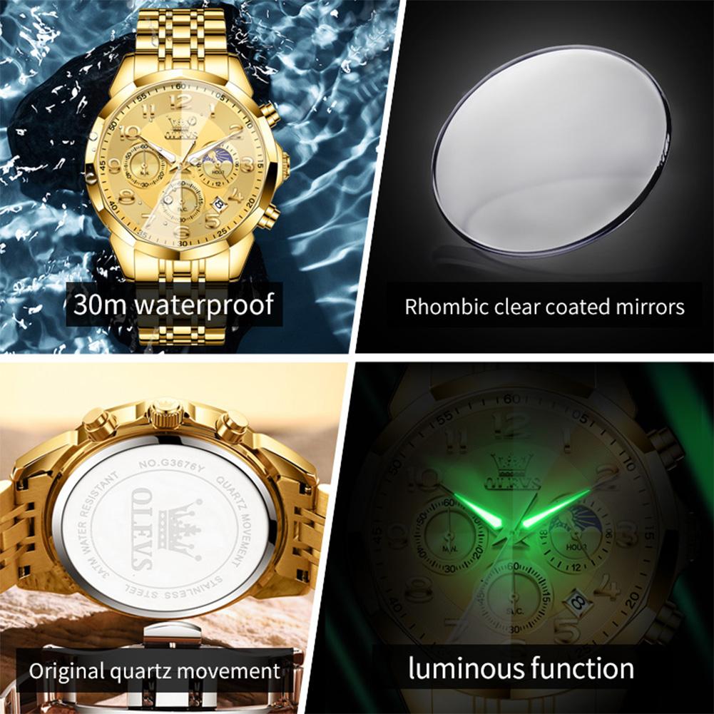 OLEVS Luxury Business Gold Stainless Steel Men's Watch Luxury Calendar Chronograph Moon Phase Quartz Watch Men's Clock