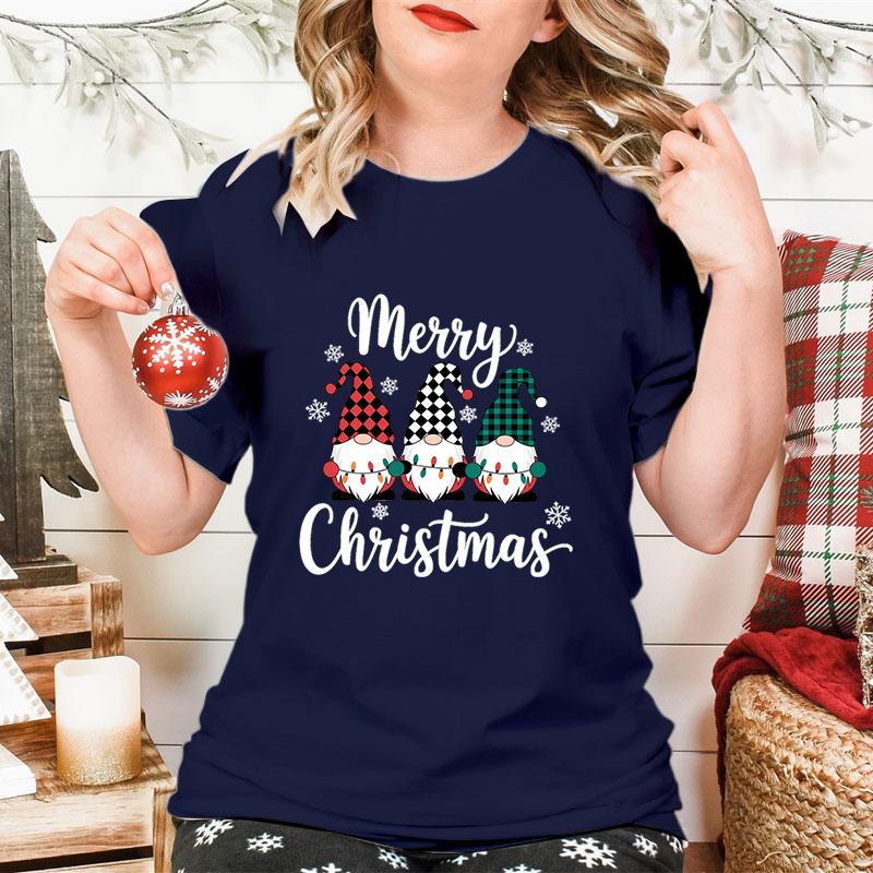 Merry Christmas Gnomes Print Womens Tshirt Fashion Casual Holiday Party Female Tops Tees Short Sleeve Tshirt Women Xmas Gift