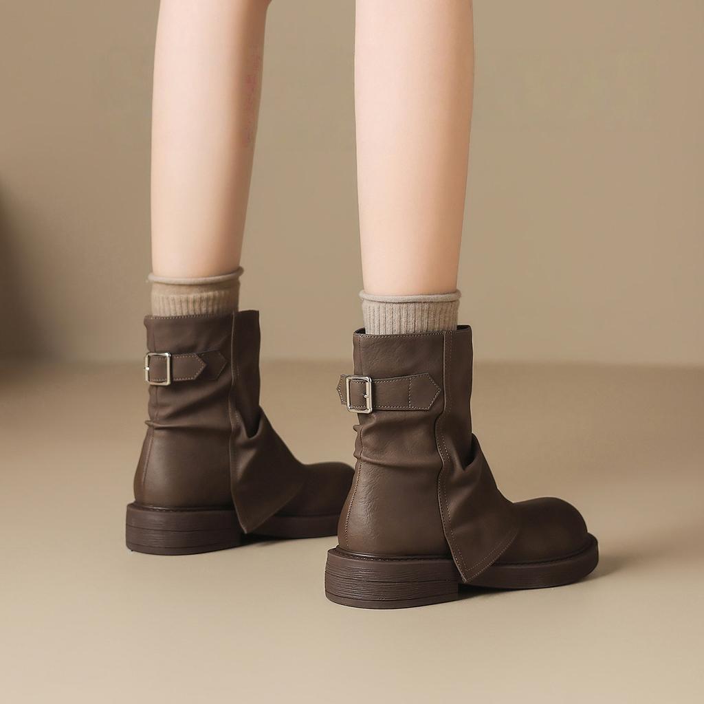 Pile Short Boots for Women 2026 New Autumn Thick Bottom Short Boots for Women Brown Boots Maillard Pants Boots