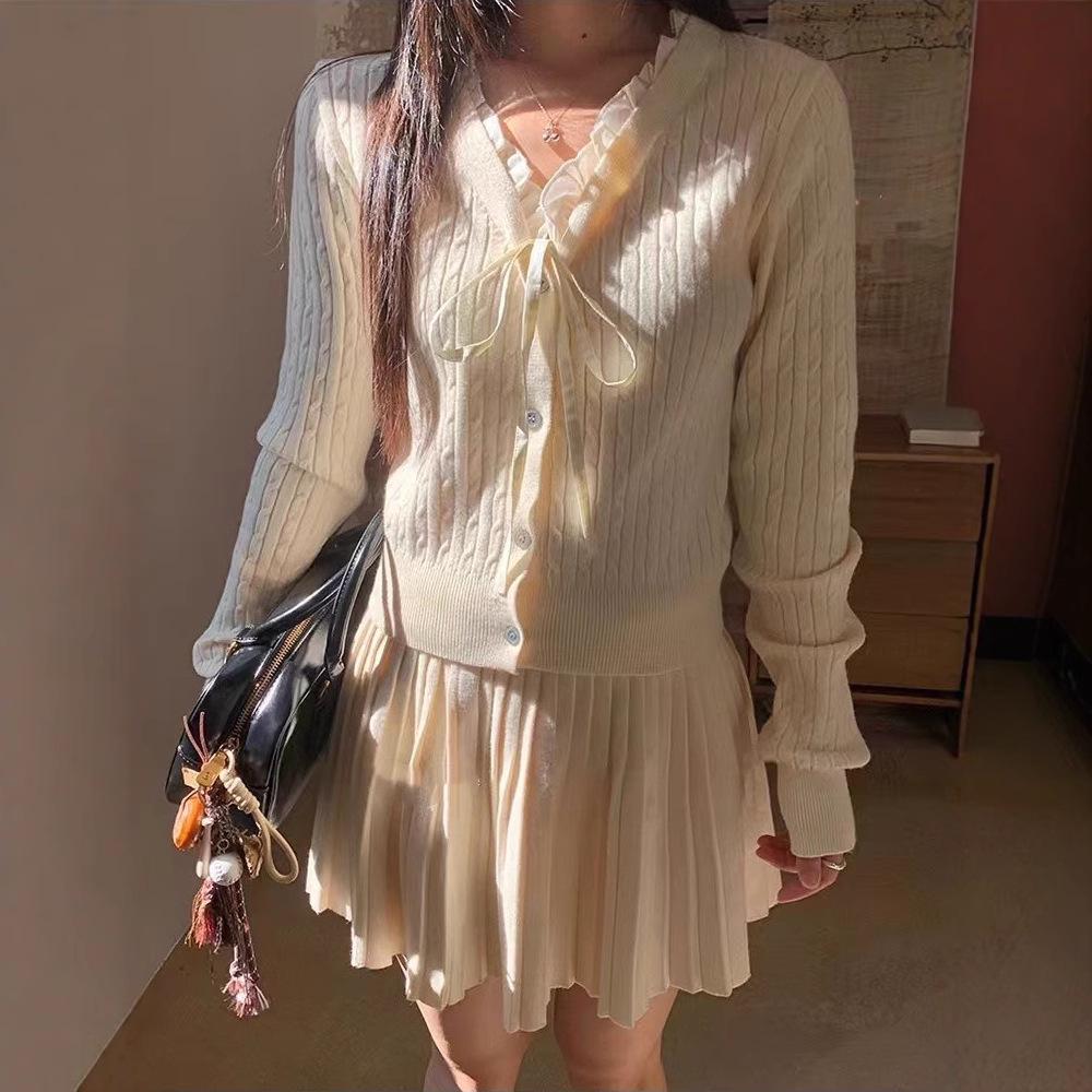 Korean Preppy Ruffle Knit Cardigan & Pleated Midi Skirt Set for Women (Autumn/Winter)