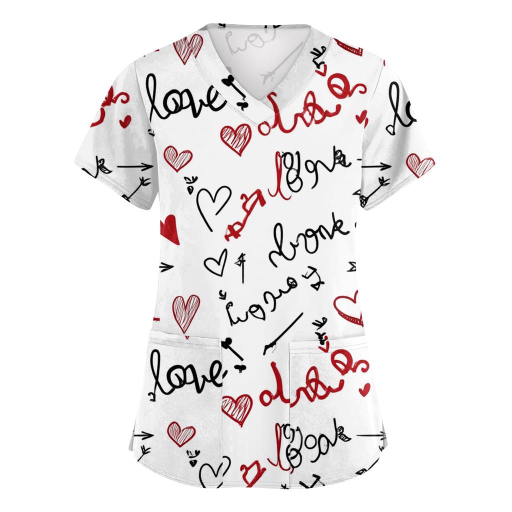 Women's V,neck Valentine's Day Printed Short,sleeved Pocket Side,slit Protective Suit Top